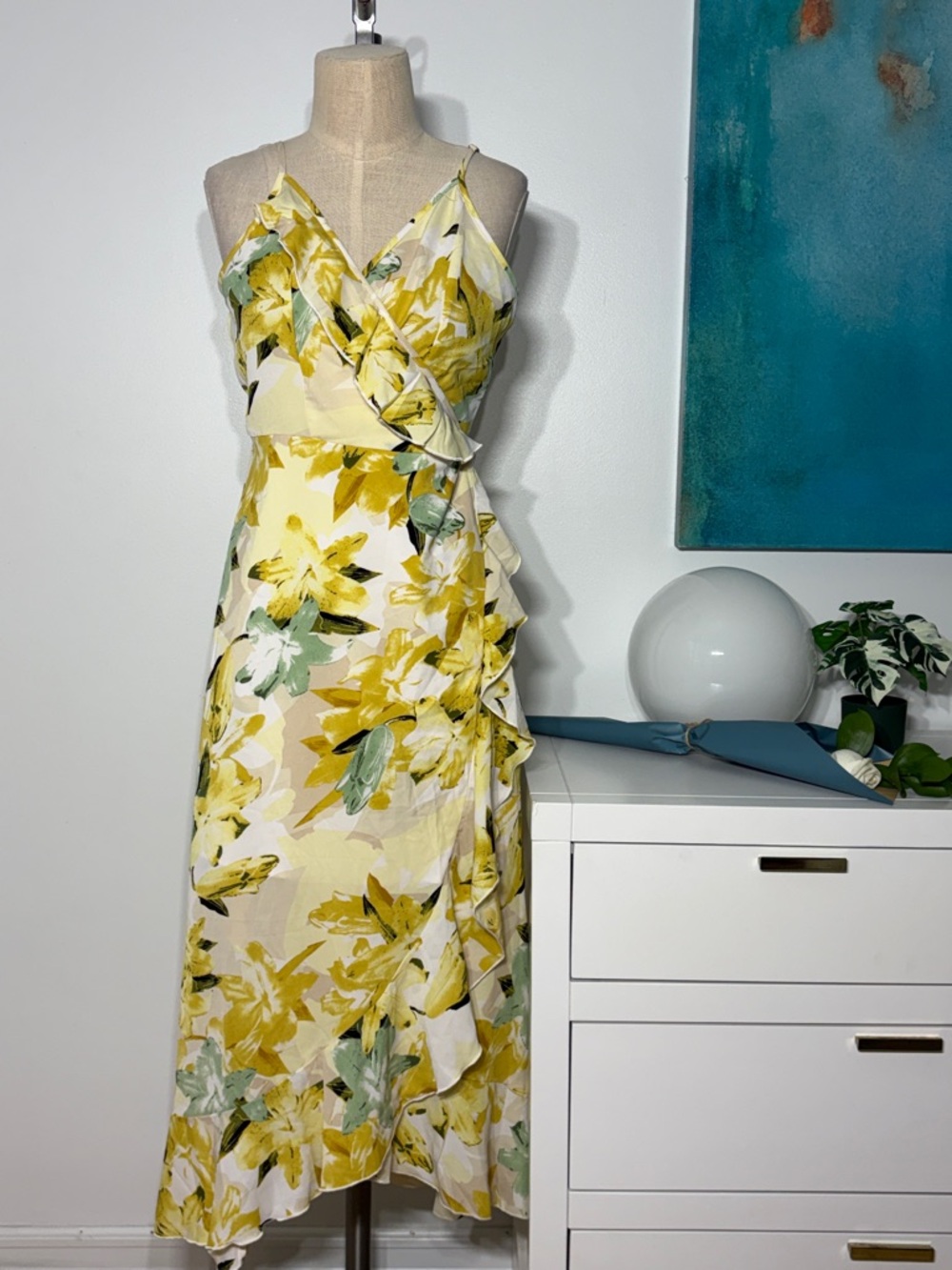 SHEIN Yellow Floral Ruffle Wrap Midi Dress with Green Accents